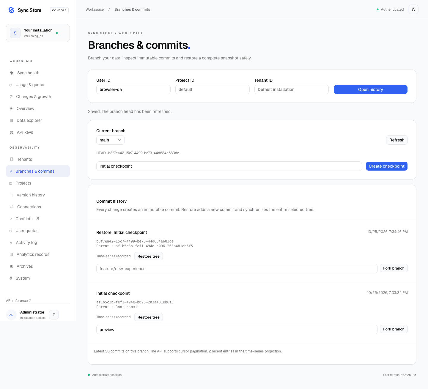 Branches and commits in the Sync Store dashboard